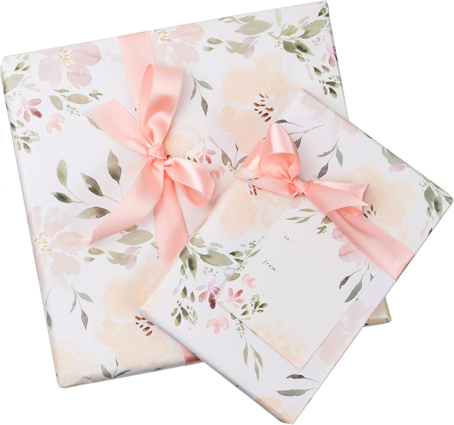 Itsy Belle Studio Floral Wedding Wrapping Paper sheets + Ribbon Set with Tags - White Gift Wrap, Pink Floral, Boho Bridal Shower