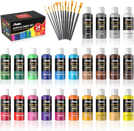 ABEIER Acrylic Paint Set, 24 Colors (60ml/2oz) with 12Paint Brushes, Non-Toxic, Waterproof, Strong Coverage for Kids Adults Beginners Students, Painting on Canvas Stone Wood Fabric Rocks Ceramic