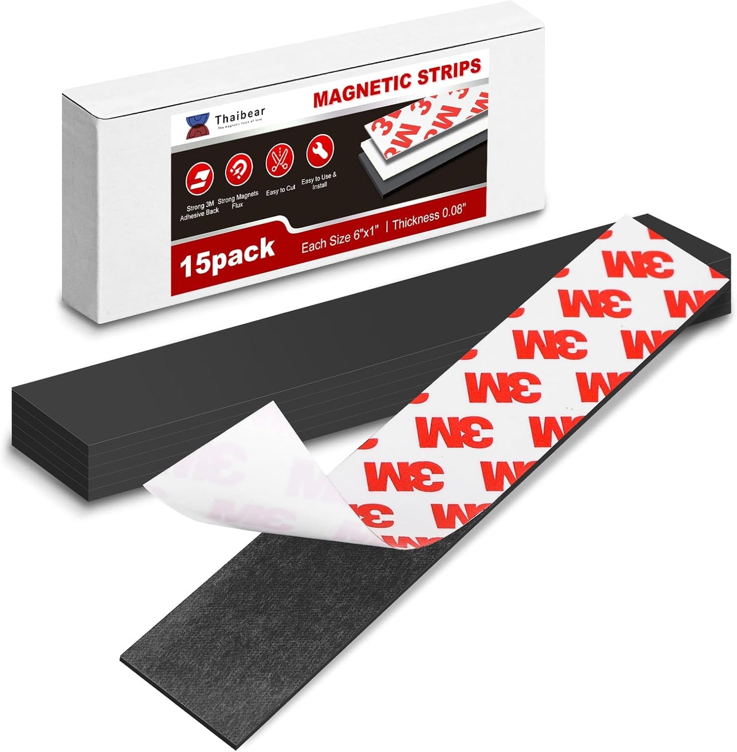 Magnetic Strip, Magnetic Tape Strips with Adhesive Backing (15 Pack, 6" x 1") Sticky Magnet Tape Strips Heavy Duty for Kitchen, Garage - Adhesive Knife Magnetic Tape Tool Holder Strip for Wall