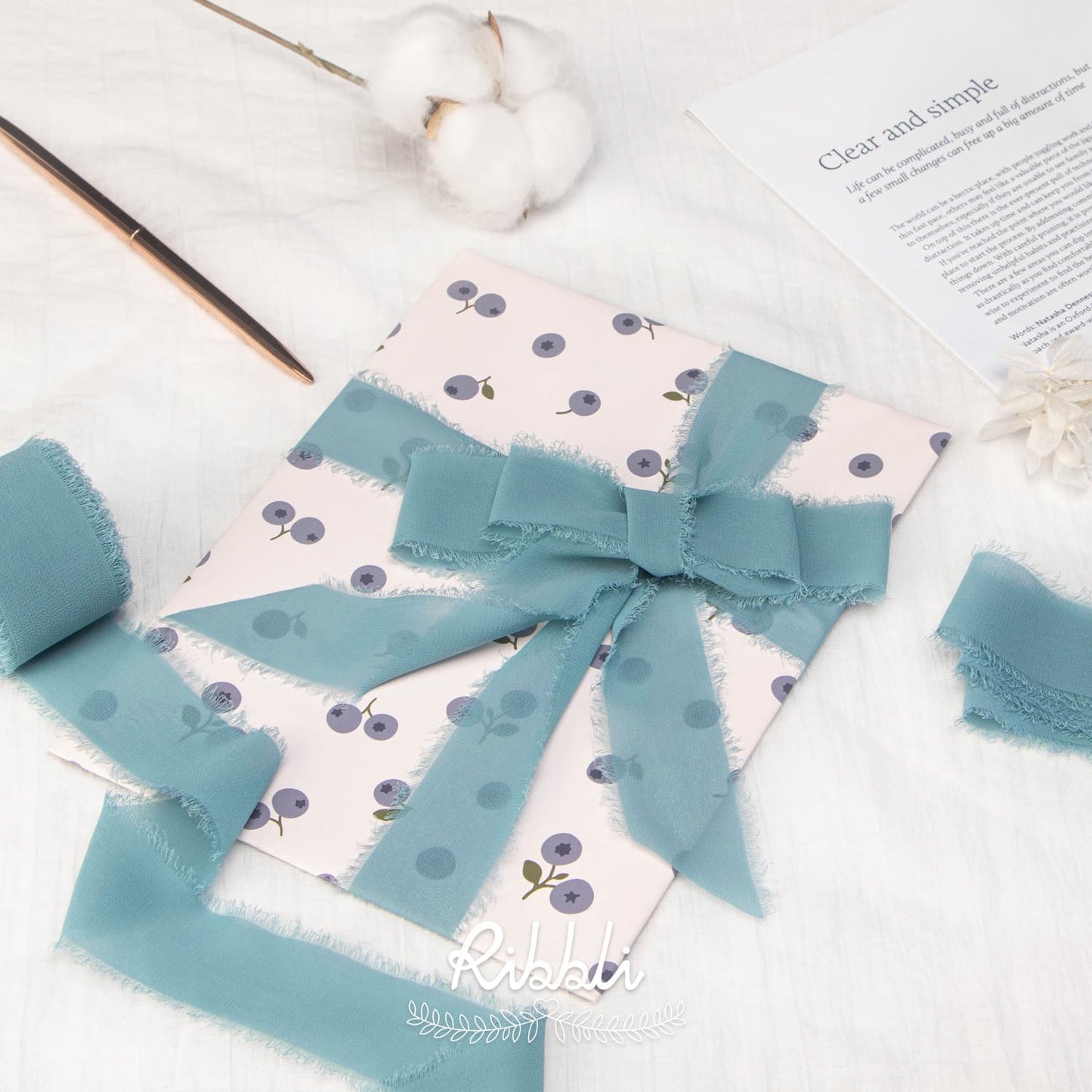 Ribbli Deep Sea Blue Chiffon Ribbon 1-1/2 inch x 20 Yard Handmade Fringe Chiffon Silk Ribbon,Blue Ribbon for Wedding Invitations, Bridal Bouquets Wrapping, Flower Arrangement Decoration