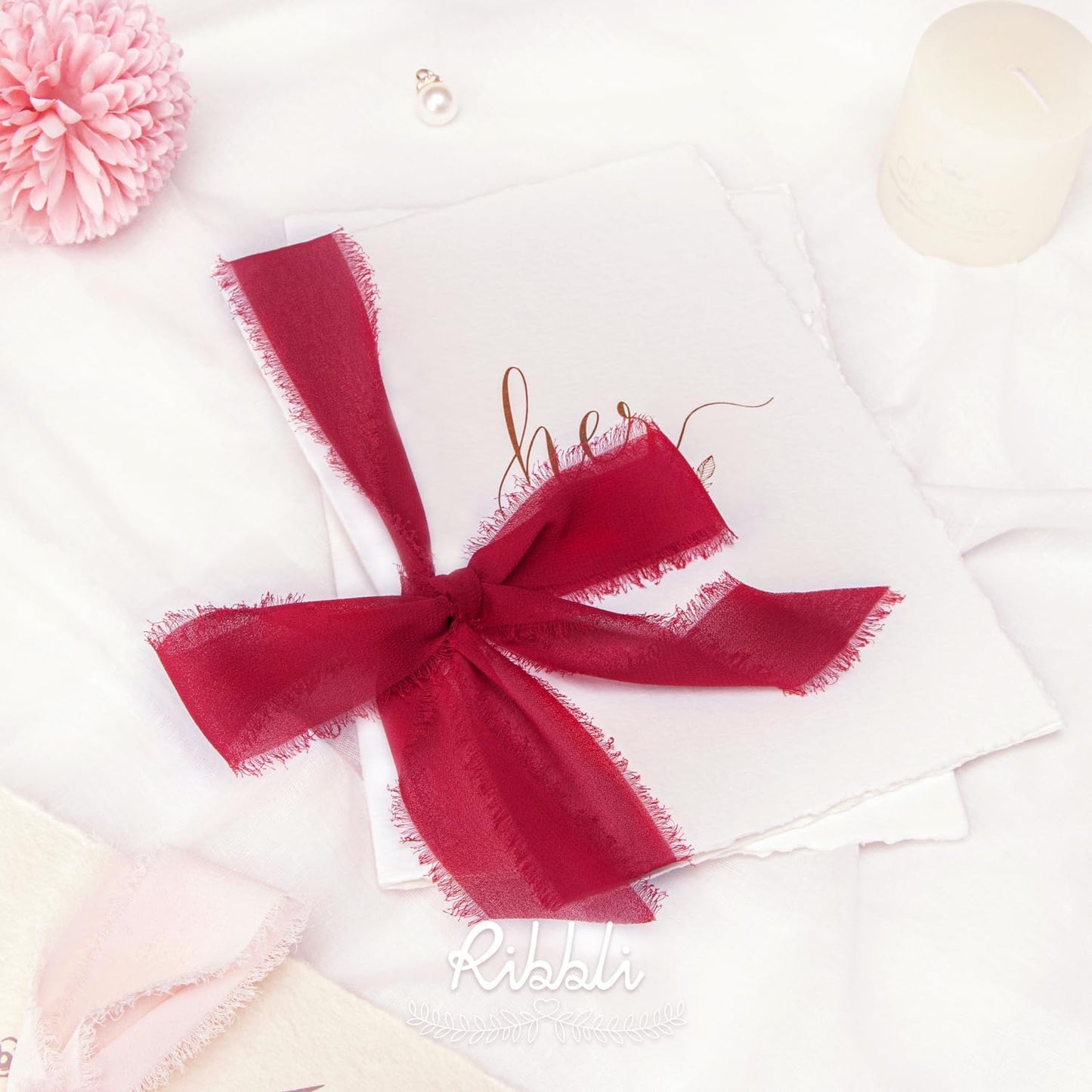 Ribbli Dark Red Chiffon Ribbon 1-1/2 inch x 20 Yard Handmade Fringe Chiffon Silk Ribbon,Dark Red Ribbon for Wrapping, Wedding Invitations, Bridal Bouquets, Home Decor