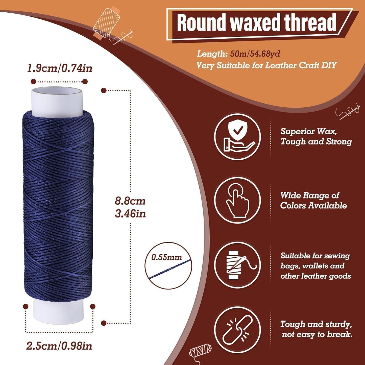 0.55 mm 54 Yards Leather Thread, Waxed Thread for Sewing, Round Waxed Threads for Stitching, Bookbinding, Bracelet, Braiding (Blue)
