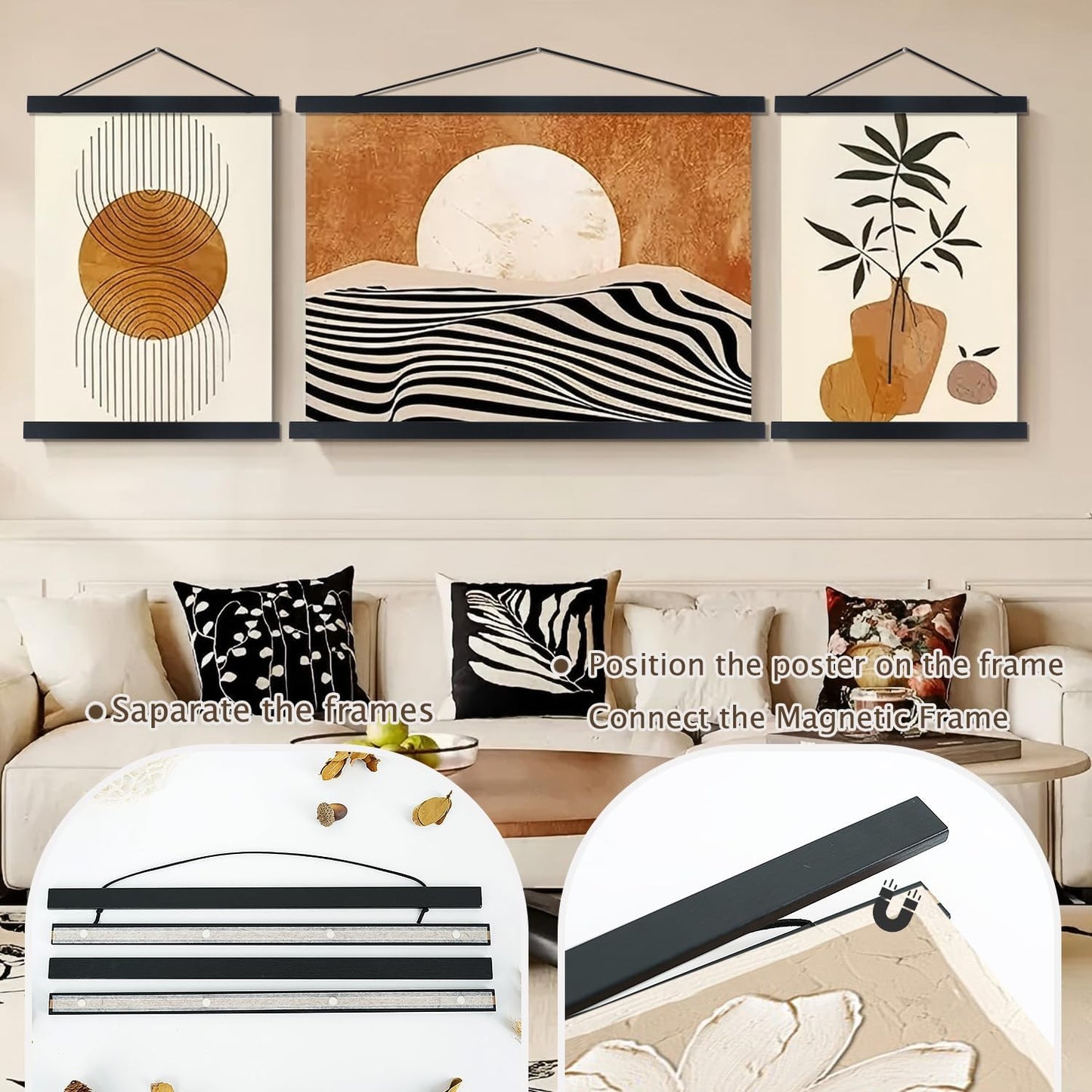 Artmag Magnetic Poster Hanger Frame, 23x35 23x34 23x23 Light Wood Wooden Magnet Canvas Artwork Print Poster Hangers Frames Hanging Kit (Black, 23")