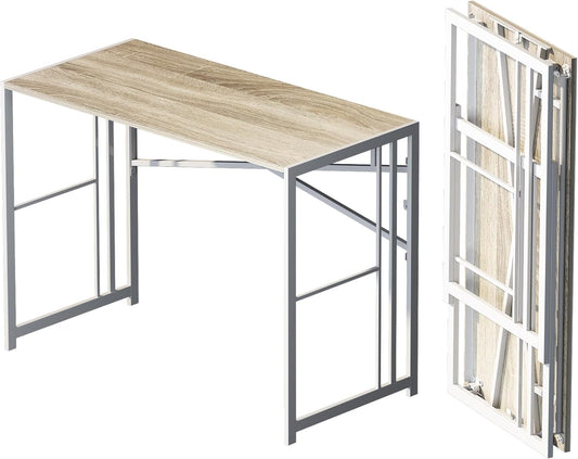 Folding Desk 40 inch Writing Gaming Computer Camping Table, No Assembly Required Home Office Desk, Beige