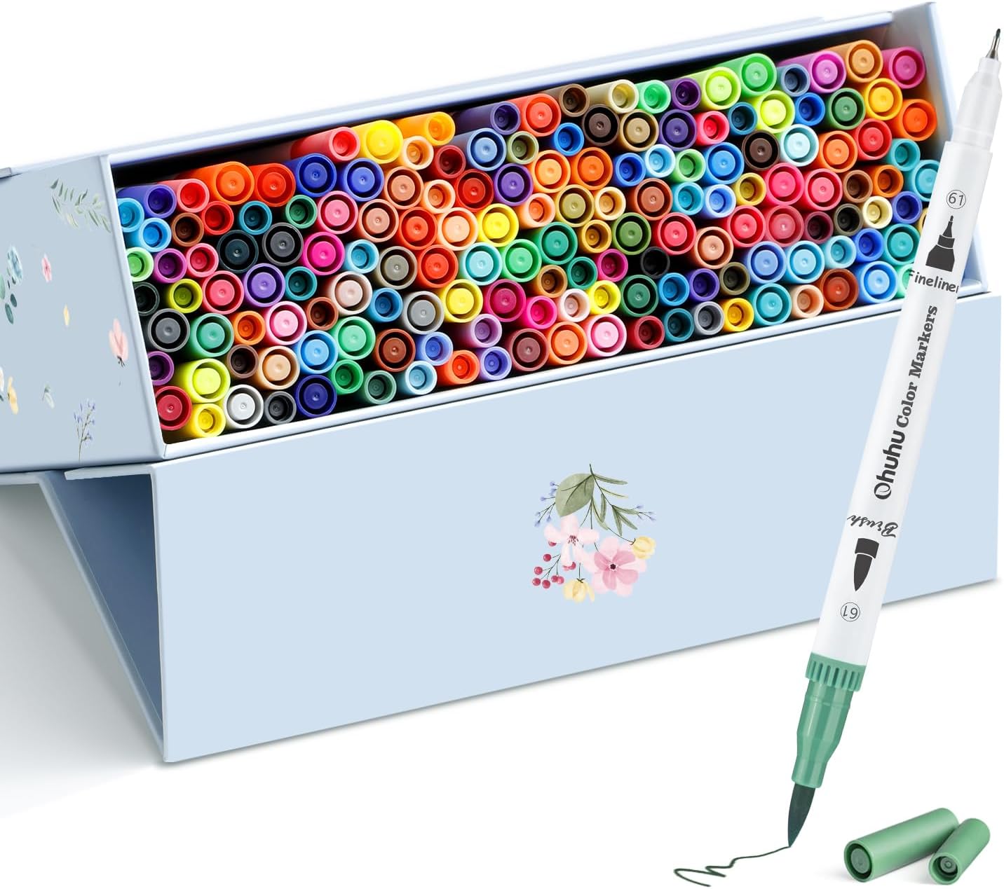 Ohuhu Markers for Adult Coloring Books No Bleeding 160 Colors Coloring Markers Water-based Dual Tips Fineliner & Brush Drawing Pens Art Pens for Kids Adults Sketch Journal - Maui - White