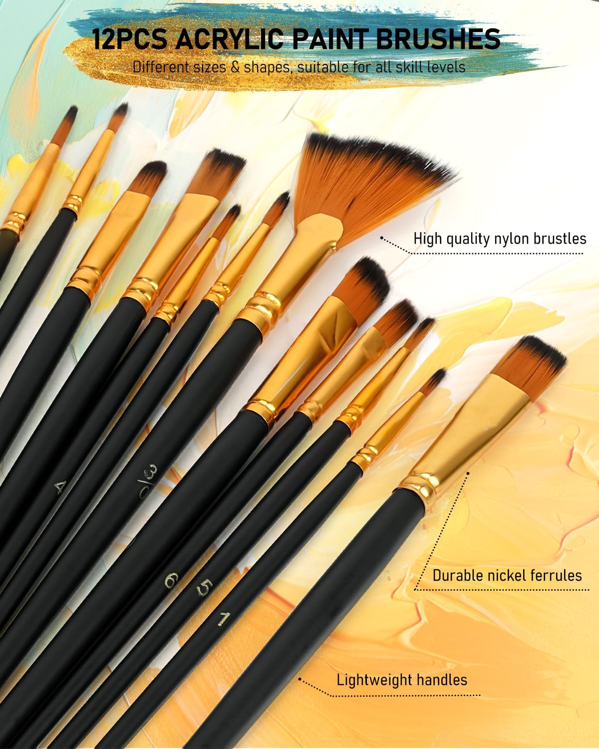 Nicpro 36 Colors Acrylic Paint Set with 12 Brushes & Palette, Non Toxic Art Supplies Kit for Fabric Painting, Canvas, Clay, Wood, Rock & Ceramic, Rich Pigments for Beginners, Students & Professional Artist (2 oz, 60 ml)