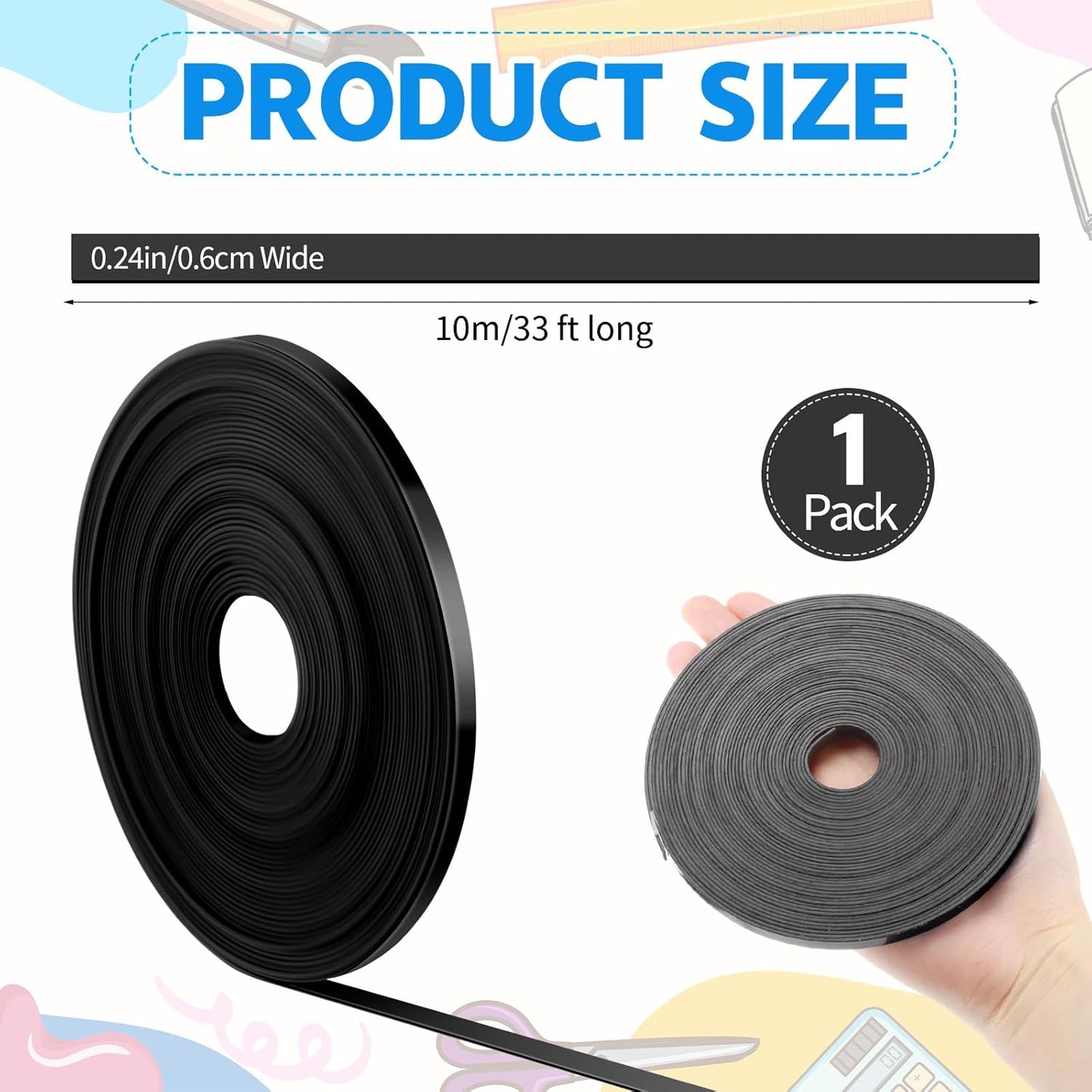 Magnetic Tape Roll Thin Strips, 1/4 Inch x 33 Feet Magnetic Board Dividers Whiteboard Graphic Decorative Tape Marking Line for Classroom Office Art Accessories(Black)