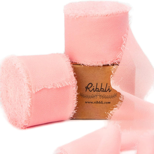 Ribbli Light Pink Chiffon Ribbon 1-1/2 inch x 20 Yard Handmade Fringe Chiffon Silk Ribbon for Wedding Invitations, Bridal Bouquets Wrapping, Flower Arrangement Decoration