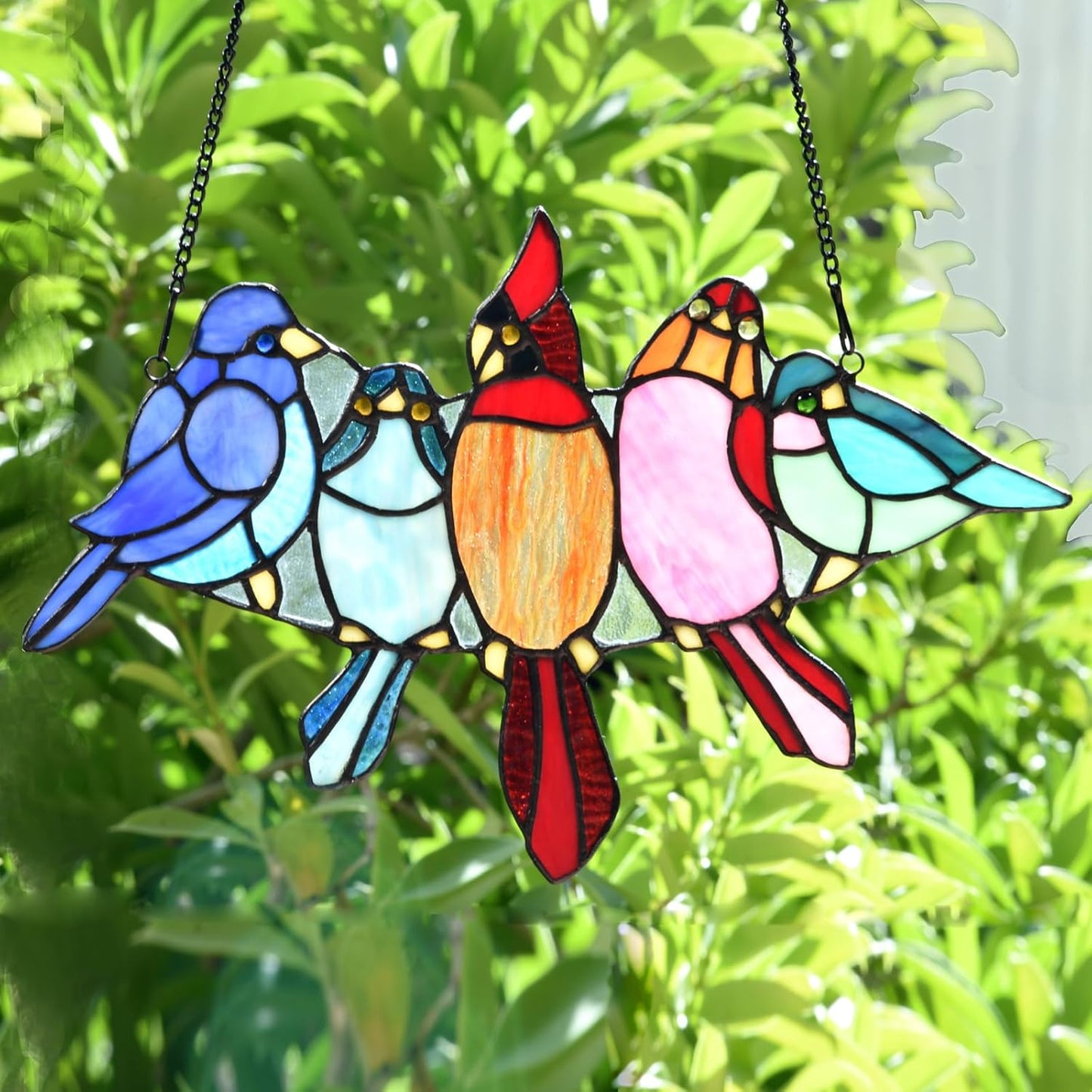 PA0011 Tropical Birds on The Wire Stained Glass Window Panel Tiffany Style Hangings Suncacher with Chain, 12X7.6 Inches, Art Glass Decoration for Window Wall Garden