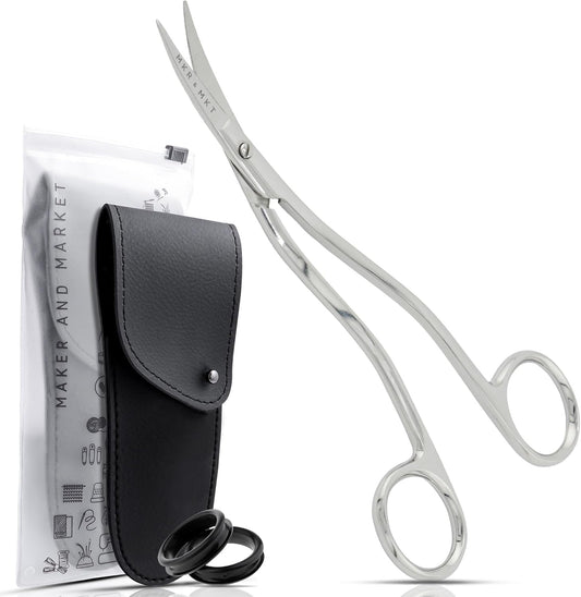 Applique Long Thin Needlepoint Blade 6.1 Inch - Double Bent Curved Offset Handle Scissors with Pouch Sleeve for Embroidery, Fabric, Thread, Knitting, Sewing, Arts & Craft (Polished)