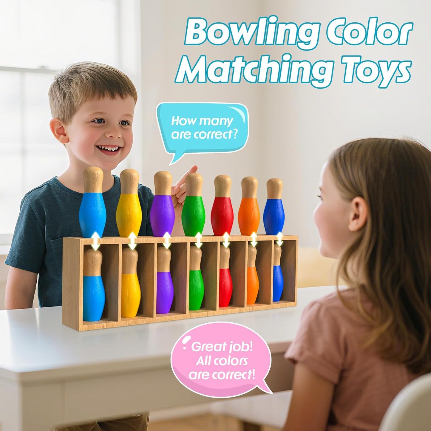 Color Matching Toy Set for Kids, Wooden Bowling Color Matching Game with 7 Bright Pins and Storage Bag, Matching Games for Kids Family Party Birthday Gift, Fun Party Game for Boys Girls