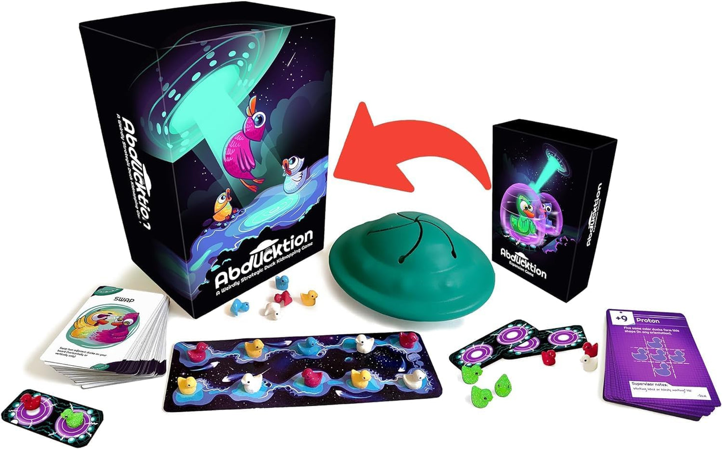 Abducktion - Bundle Base + IntergalacDuck Research Expansion Combo Pack, 25-30 Minutes, Ages 12+, A weirdly Strategic Duck Kidnapping Game, a UFO, and Mind-Bending, Shape-Finding Logic!