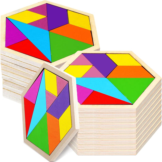 Meooeck 12 Pack Tangrams Wooden Puzzles Tangrams Classroom Set for Kids Shape Puzzles Brain Logic Blocks for Games Educational Gifts for Adults Kids Ages 4-8 8-12(Hexagon Style)