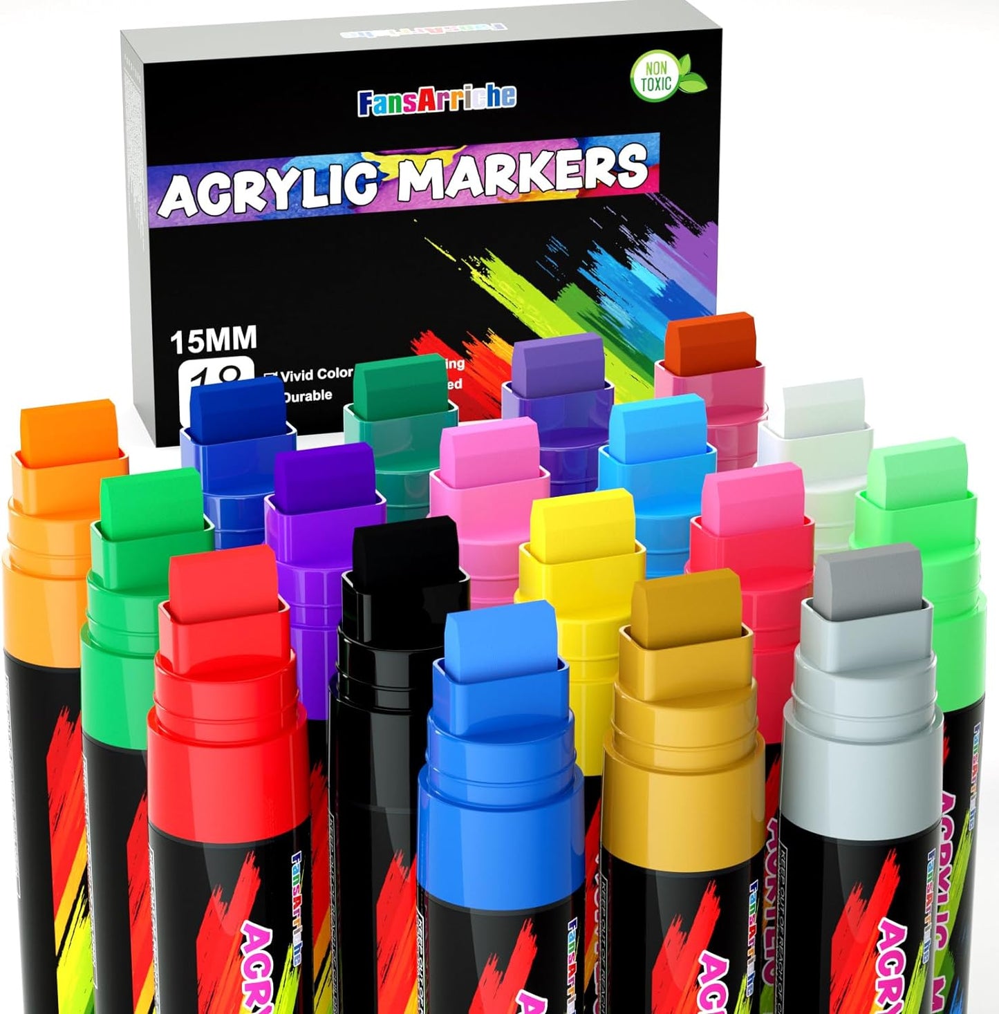 FansArriche Acrylic Paint Markers, 15mm Jumbo Felt Tip, 18 Colored Waterproof and Permanent Paint Pens for Tagging, Signs, Calligraphy, and Outdoor Paintings