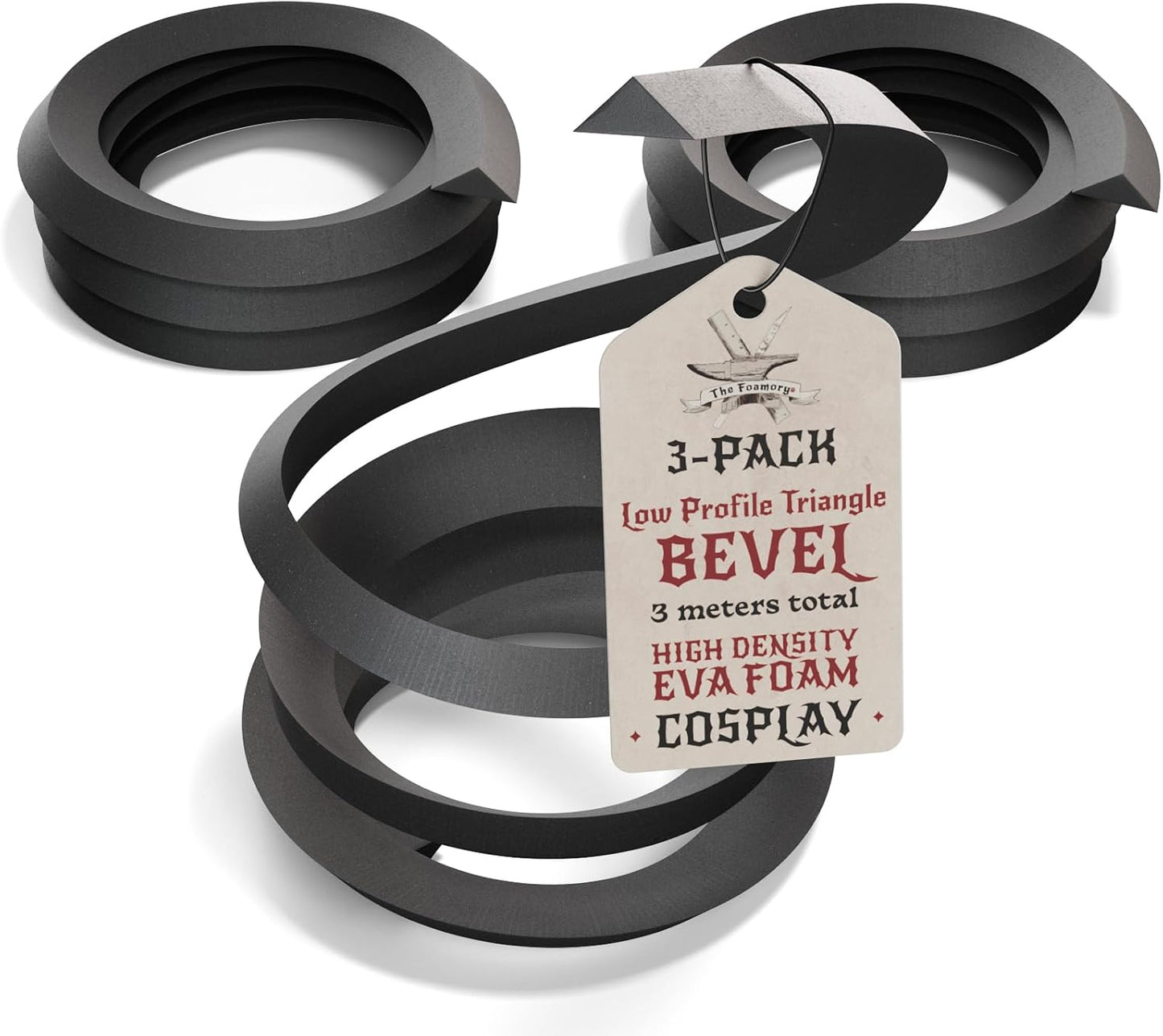 The Foamory's Instant Edge EVA Foam Bevel. Pre Cut Low Profile Triangle 3 Pack 5-30mm x 1M Black EVA Beveled Trim Save Time on Cosplay Costumes and Armor Detail. High Density 85kg/m³ Craft Foam Dowel