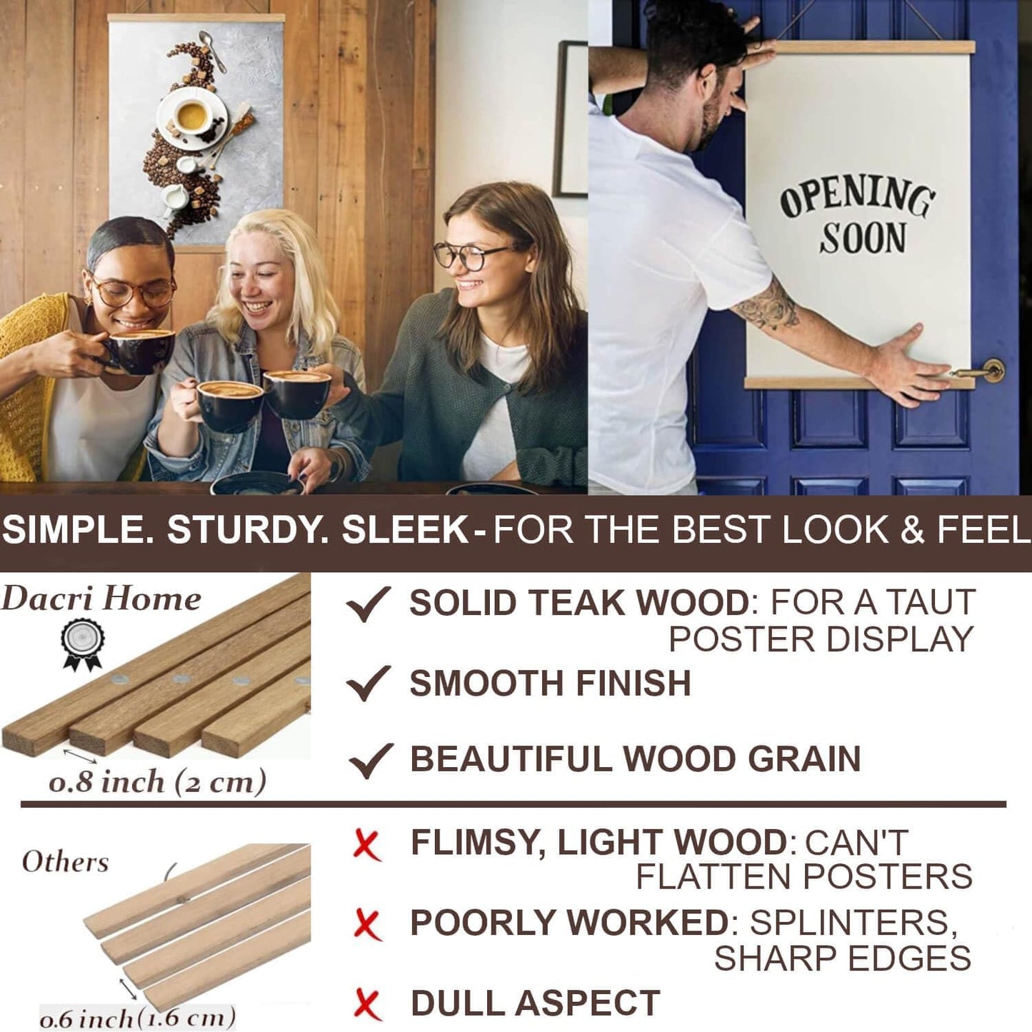 DACRI HOME 48" Sturdy Magnetic Poster Hanger Frame - Teak Wood Poster Frame, Strong Magnets for Safe Hanging Maps Pictures Print Scroll Wall Art (48 Inch, Natural Wood)