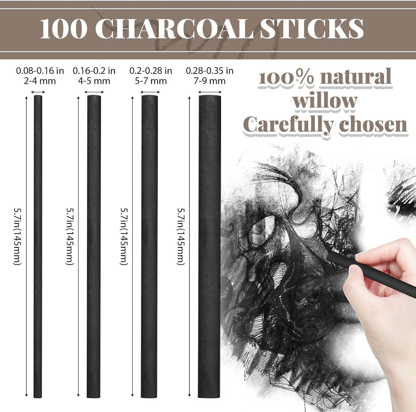 Gueevin 100 Pcs Willow Charcoal Sticks, Willow Charcoal, Artists, Beginners, Students, Perfect for Sketching, Drawing, Shading, and Fine Art Christmas Gifts for Art (2-4mm,4-5mm,5-7mm,7-9mm)