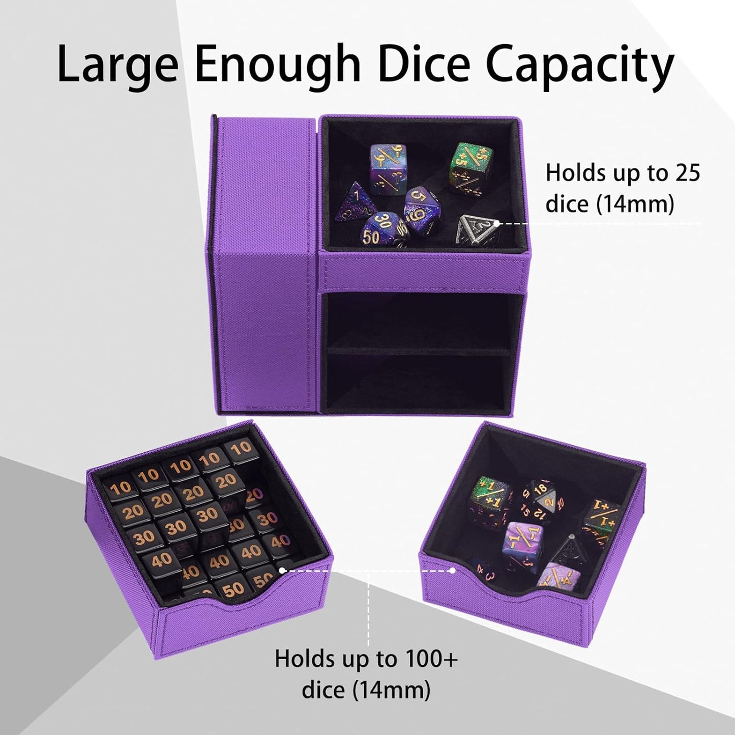 Dice Tower & Dice Tray Storage Box, 3 in 1 Dice Holder Case (Rolling Tower Storage Drawers, Dice Rolling Tray), Leather Magnetic Closure DND Accessories Gifts for RPG MTG, Violet/Black
