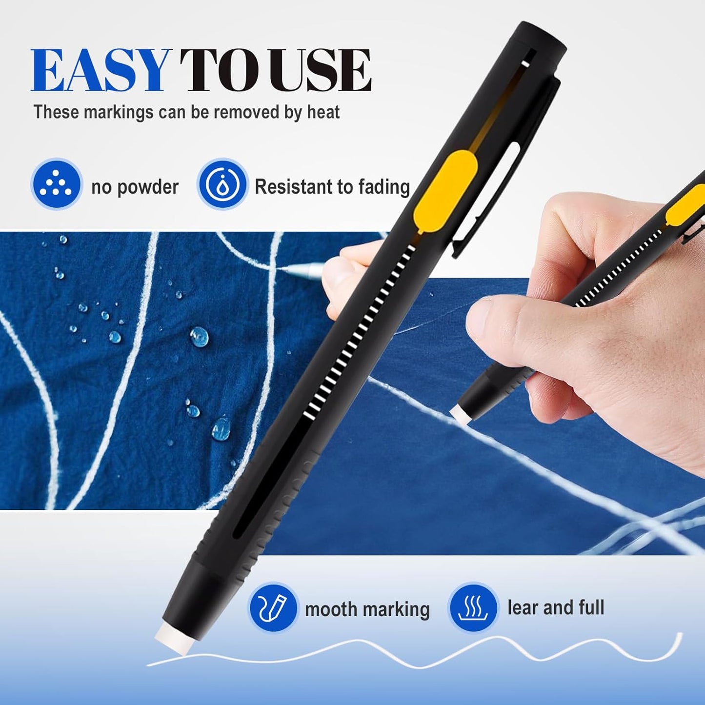 Heat Erasable Fabric Markers for Sewing, Quilting & Embroidery & DIY Crafts - Washable, Refillable DIY Chalk Pens for Cotton & Knitted Fabrics, Sewing Supplies (2 Pens+20 Refills)