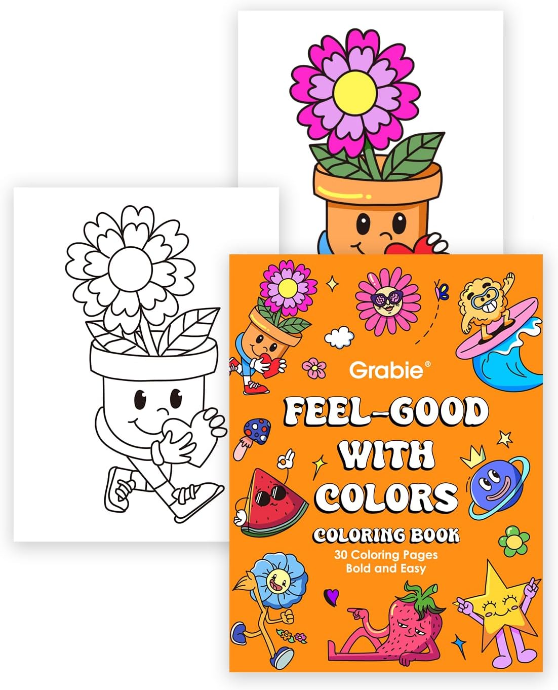 Grabie Easy Coloring Book for Adults Relaxation,Simple Mindful Coloring Pages for Alcohol Markers,Stress Relief Themes Flowers,Mushrooms,Monsters and More,Cute Designs(Feel Good with Color,30 Sheets)
