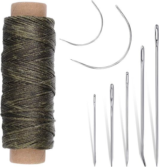 Pimoys 55Yards Waxed Thread with 7 Pcs Leather Needles for Hand Sewing 150D Flat Sewing Waxed Thread Leather Repair Needles for Sewing Upholstery Leather Canvas Bags Sofa Furniture(Army Green)