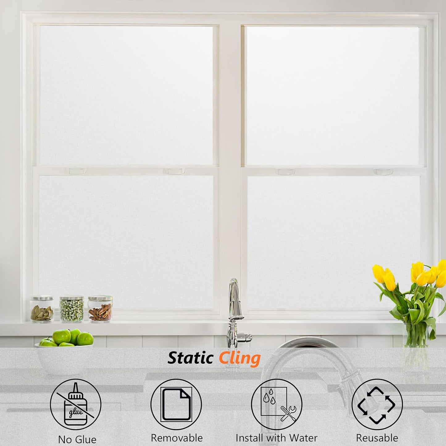 Kromapolis Window Privacy Film Frosted Glass Window Film, Heat Blocking Privacy Film for Glass Windows, Static Cling Non-Adhesive Frosting Window Stickers for Door Home (Frosted, 29.5 x 157.4 inch)
