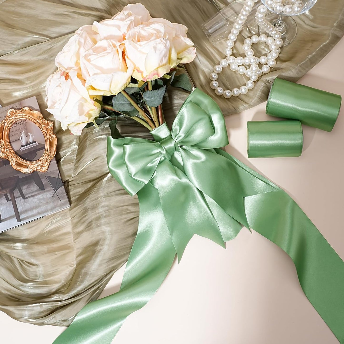 LaRibbons Sage Green Satin Ribbon 4 Inch 10 Yards Double Faced Luxury Light Green Silk Ribbon for Gift Wrapping Flower Bouquets Bow Christmas Wedding Party Decoration