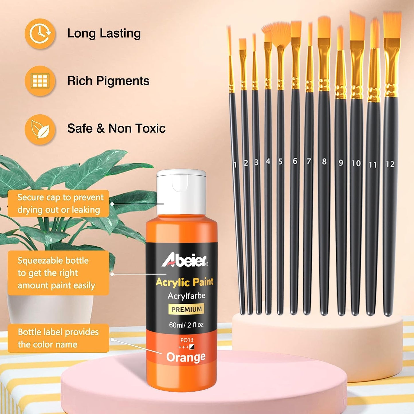 ABEIER Acrylic Paint Set, 24 Colors (60ml/2oz) with 12Paint Brushes, Non-Toxic, Waterproof, Strong Coverage for Kids Adults Beginners Students, Painting on Canvas Stone Wood Fabric Rocks Ceramic