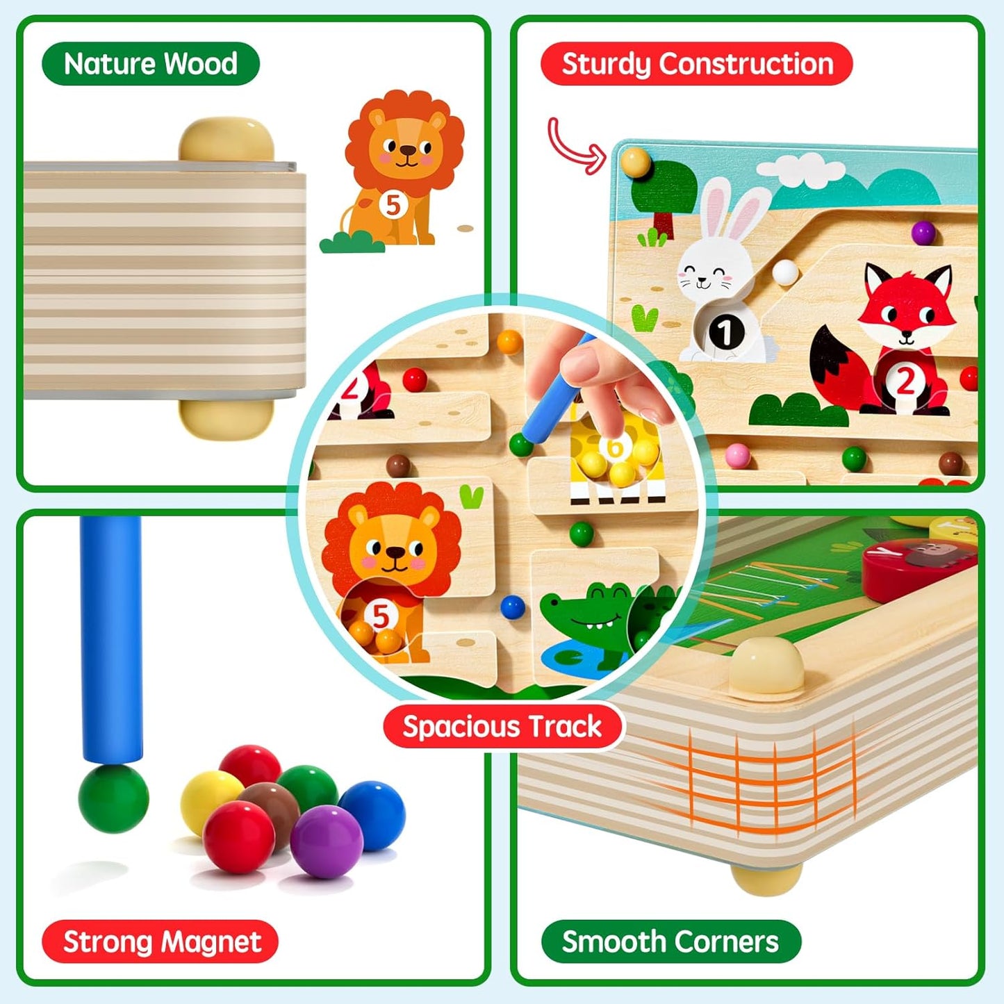 Magnetic Maze 2 in 1 Double Side Color and Number Maze Alphabet Puzzle Board for 3-5 Boys and Girls Kids Montessori Educational Toys (Zoo, One Size)