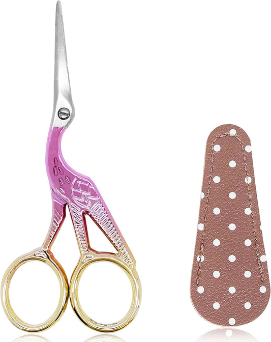 BIHRTC 4.5Inch Stork Stainless Steel Sharp Tip Scissors with Leather Safe Cover Sewing Dressmaker Scissors for Embroidery Craft Needle Work Art Work Handcraft Threading
