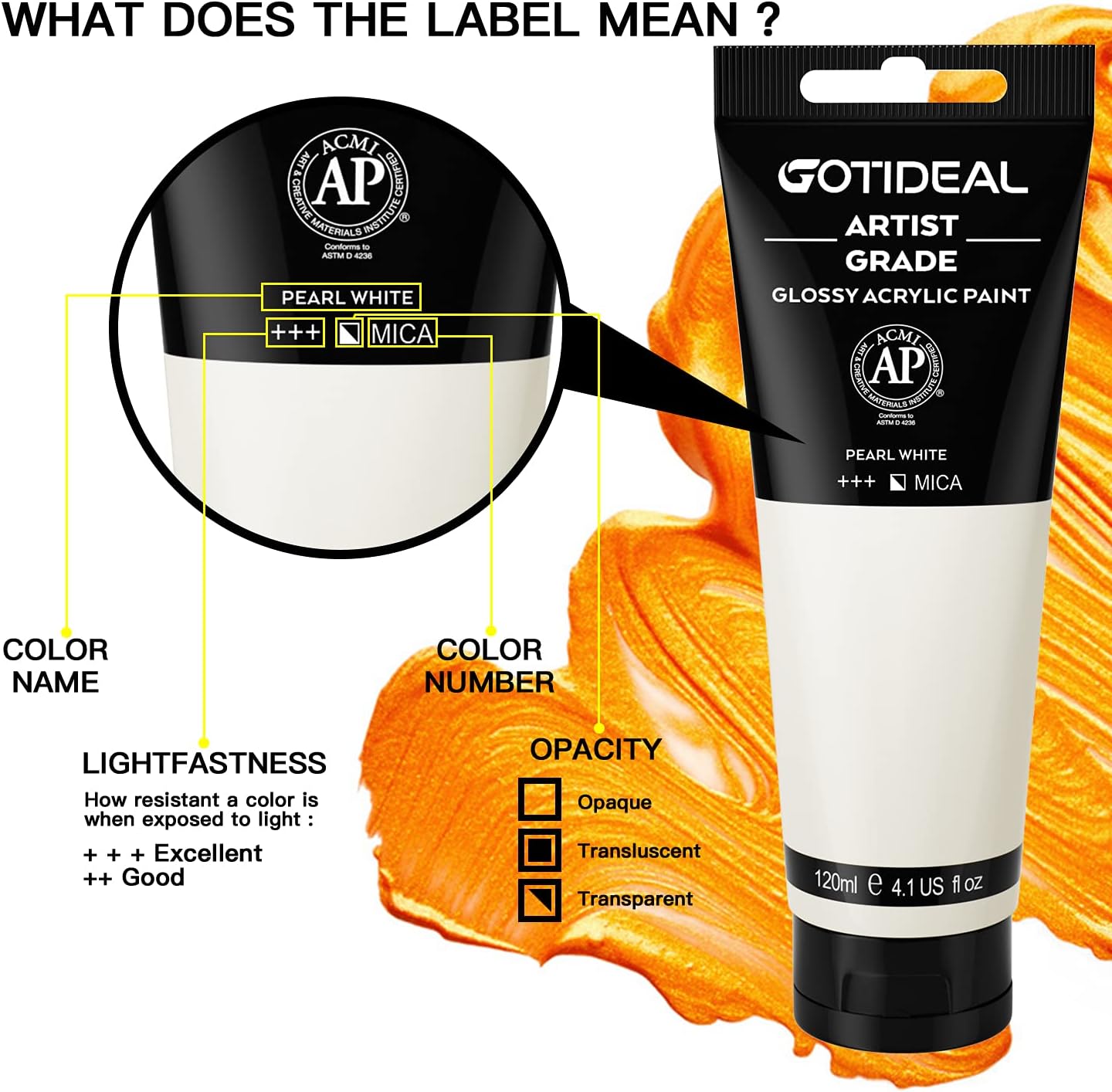 GOTIDEAL Metallic Acrylic Paint Pearl White Tubes(120ml, 4.1 oz) Non Toxic Non Fading,Rich Pigments for Painters, Adults & Kids, Ideal for Canvas Wood Clay Fabric Ceramic Craft Supplies (Pearl White)