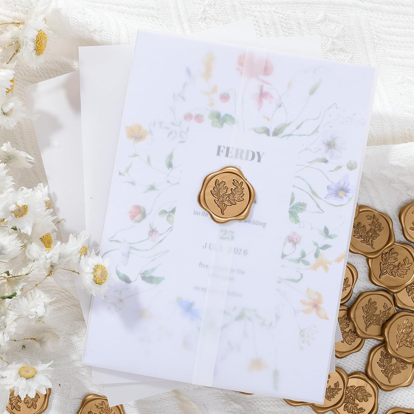 UNIQOOO 50 Sets Pre-Folded Vellum Jackets for 5x7 Invitation & Gold Eucalyptus Wax Seal Stickers, Wedding Invitations Wraps Bulk for Wedding Bridal Baby Shower Envelopes