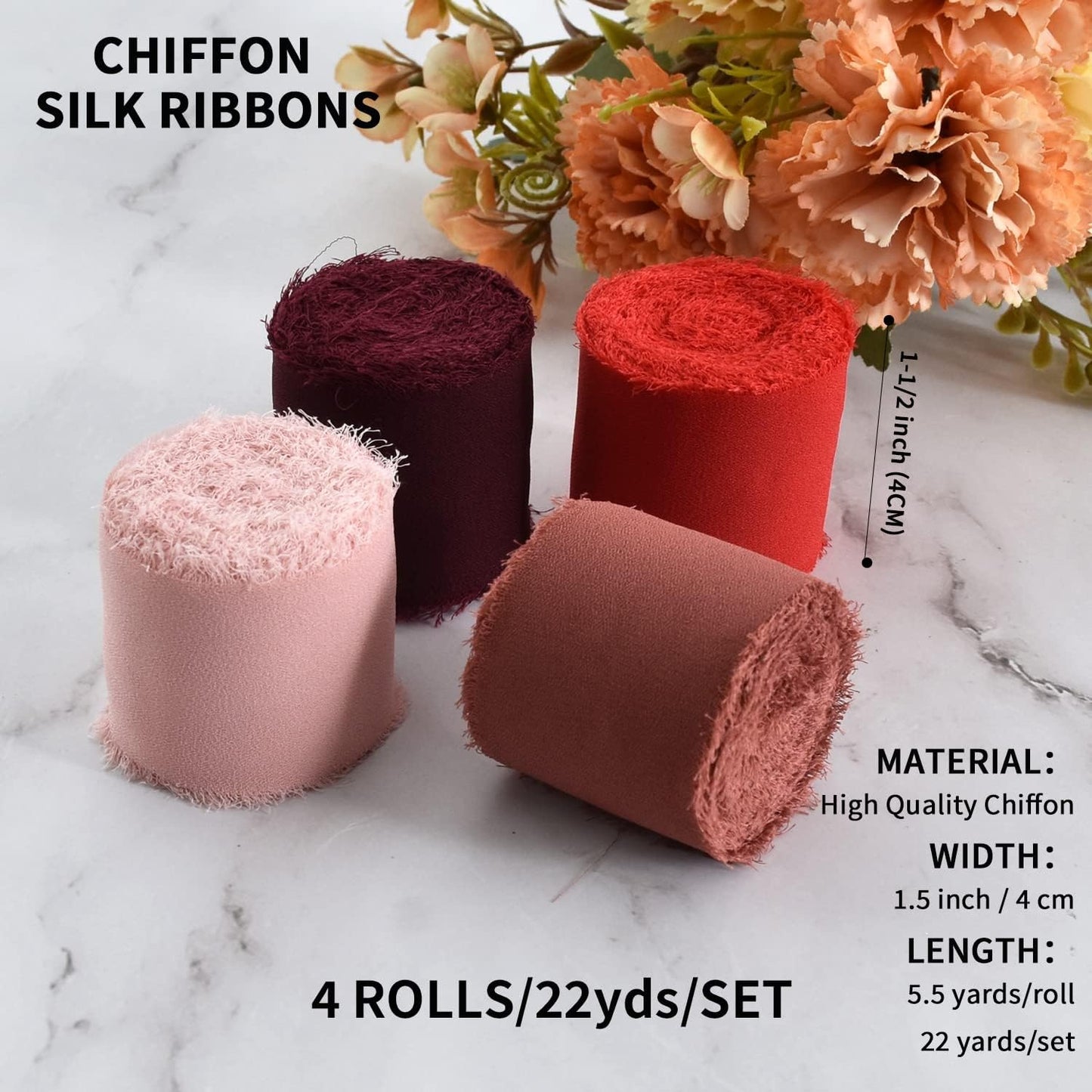 TONIFUL 4 Rolls Silk Chiffon Ribbon, 1-1/2 Inch x 22yds, Red Chiffon Ribbons Set, Handmade Fringe Silk Ribbon for Gift Wrapping Bridal Bouquets Wedding Invitations Decoration Crafts