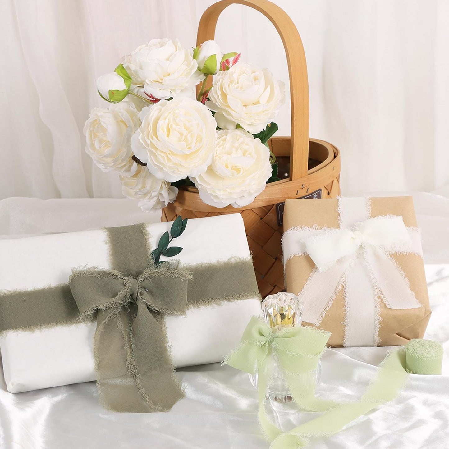 TONIFUL 4 Rolls Silk Chiffon Ribbon, 1-1/2 Inch x 22yds, Sage Green Chiffon Ribbons Set, Handmade Fringe Silk Ribbon for Gift Wrapping Bridal Bouquets Wedding Invitations Decoration Crafts