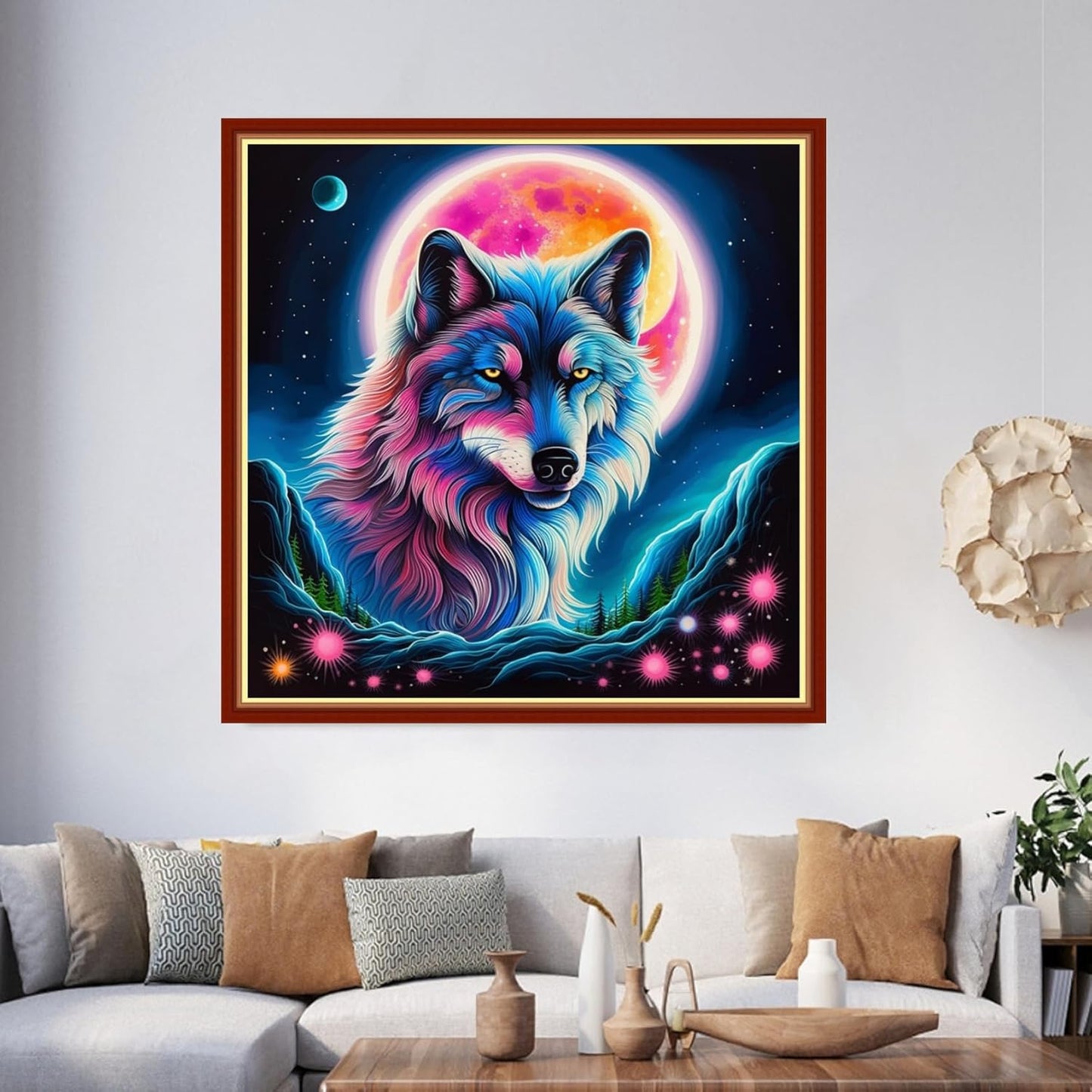 Foxhool Beginners Cross Stitch Kits Stamped Full Range of Embroidery Kits for Adults DIY Cross Stitches kit Embroidery Patterns for Needlepoint kit-Colorful Moon Wolf 17.7x17.7 inch