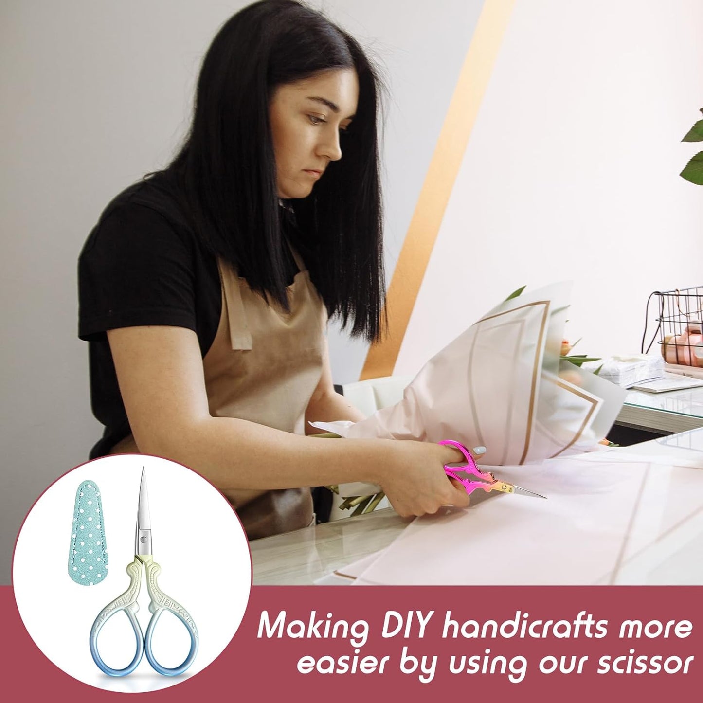 Honoson 4 Pcs Sewing Embroidery Scissors with 4 Pcs Artificial Leather Cover 3.6 Inch Stainless Steel Stork Scissors Vintage Embroidery for Needlework Manual Sewing Handicraft(Classic Colors)