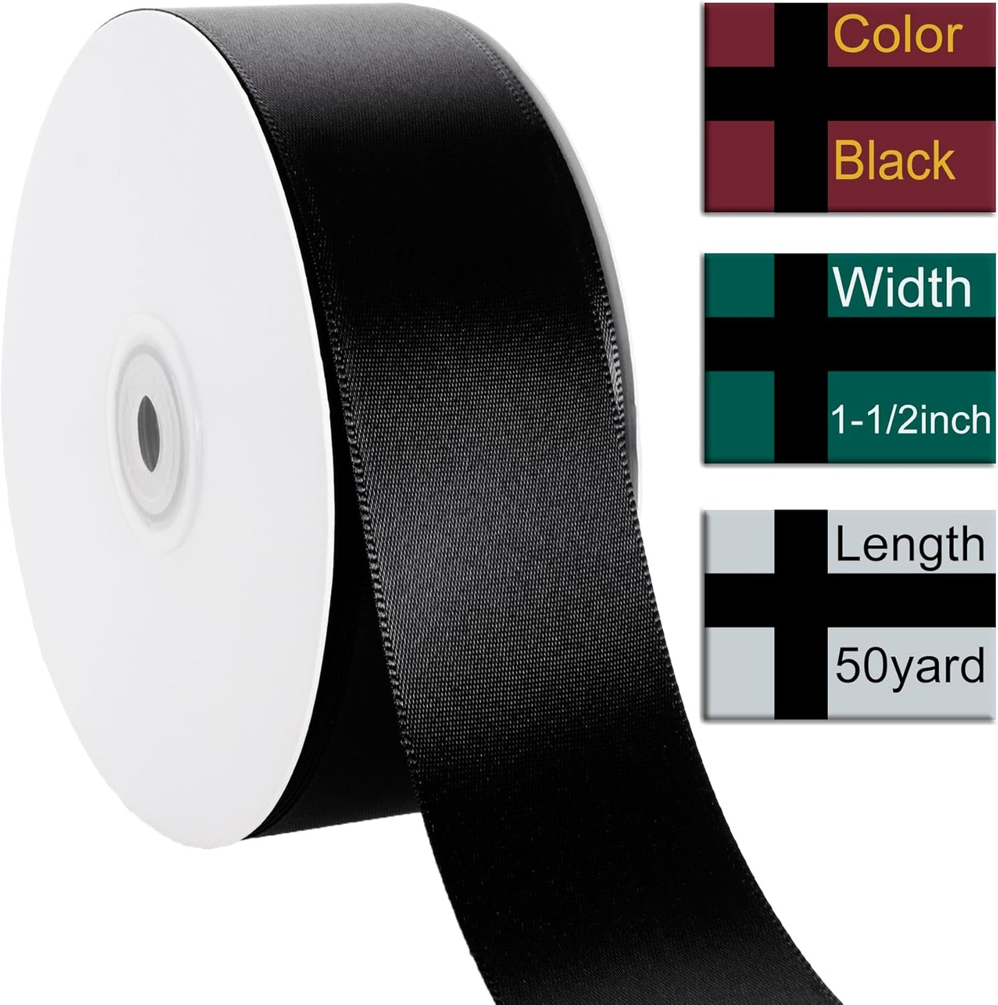 1-1/2 Inch Black Ribbon, 50 Yards Craft Polyester Satin Ribbon Perfect for Gift Wrapping, Handmade Roses, Wedding Party Decorations and DIY Crafts