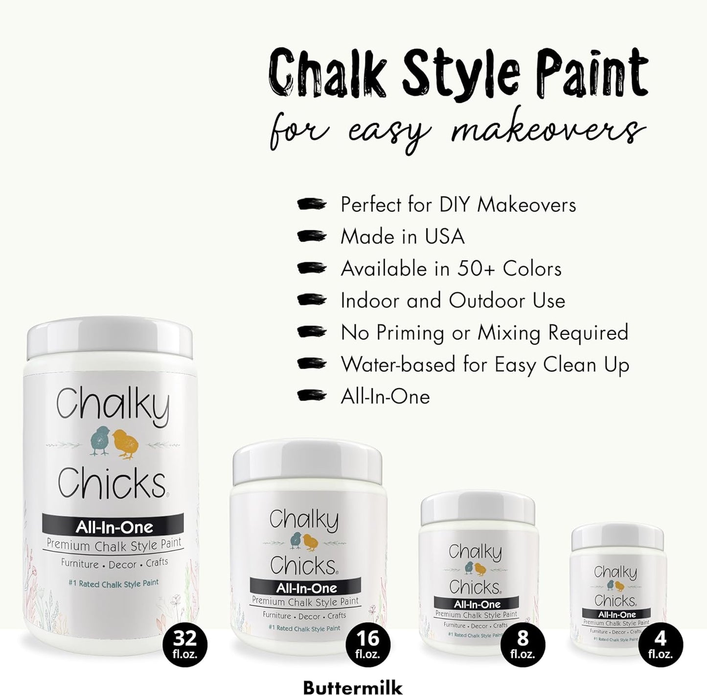 Chalky Chicks All-in-One Chalk Paint for Furniture or Cabinet - 8 Fl Oz - Matte Finish Buttermilk (White) for Metal, Wood Furniture Paint - No Sanding All-in-One for Home Decor & Crafts, USA Made
