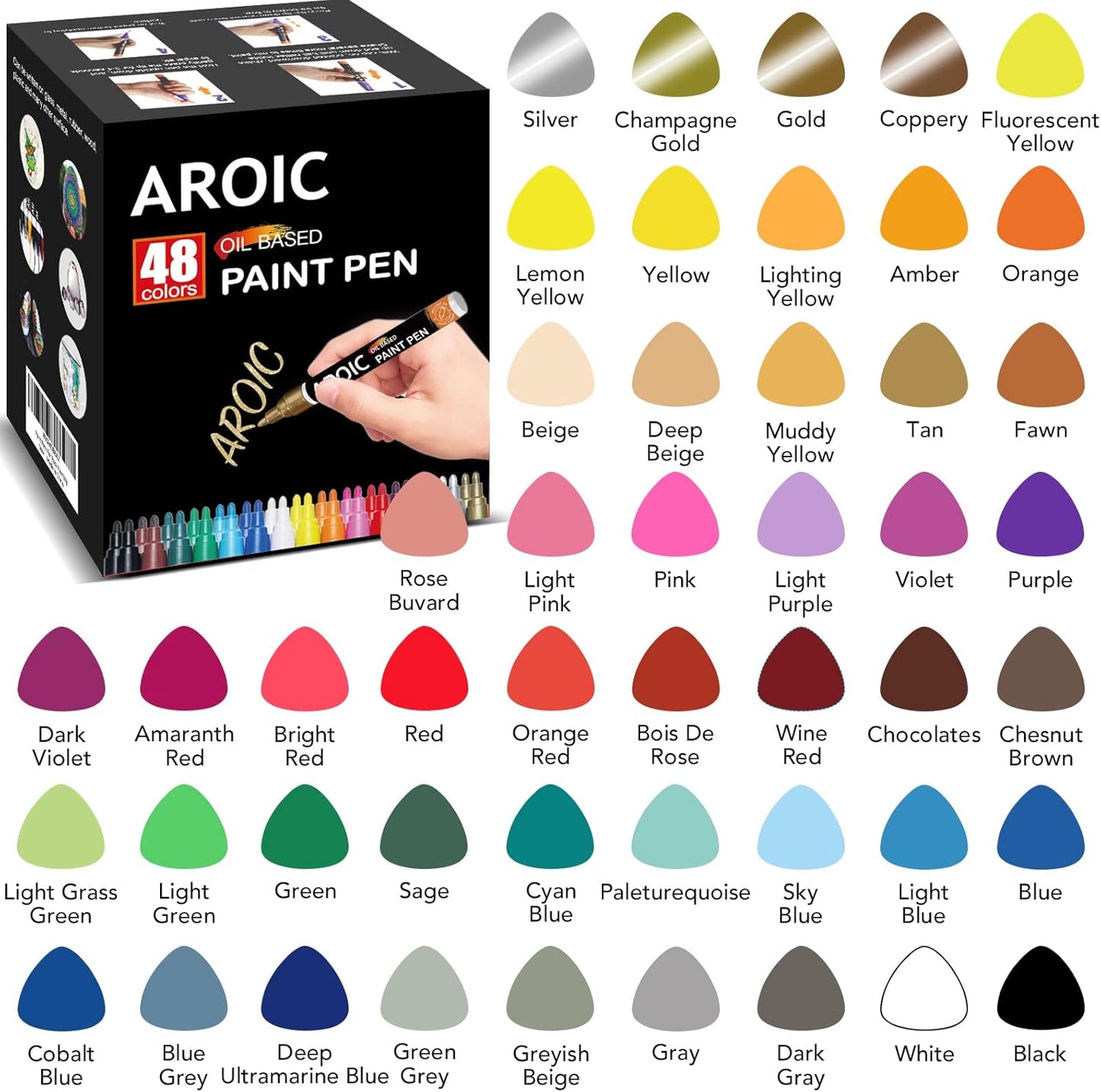 AROIC 48 Pack Oil-Based Paint Markers Medium Tip - Low Odor Rock Painting Pens for Wood, Metal, Plastic, Glass, Canvas, Ceramic Surfaces | 2025 Artist Professional Kit