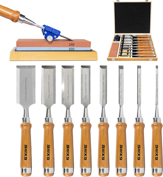 Professional Wood Chisel Set, 8pcs Woodworking Chisel Set with 1pcs Honing Guide, 1pcs Sharpening Stone