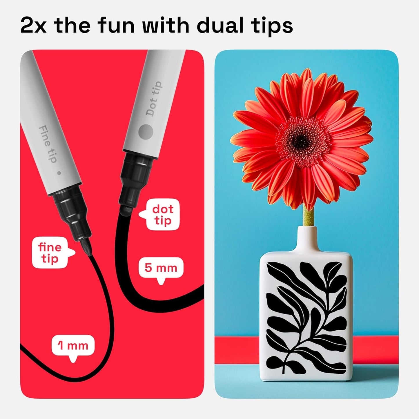 ARTISTRO 2 Black Dual-Tip Acrylic Paint Pens - Multisurface Markers for Glass, Rock, Fabric, Wood, Plastic & More - 5mm Dot + 1mm Fine Tips