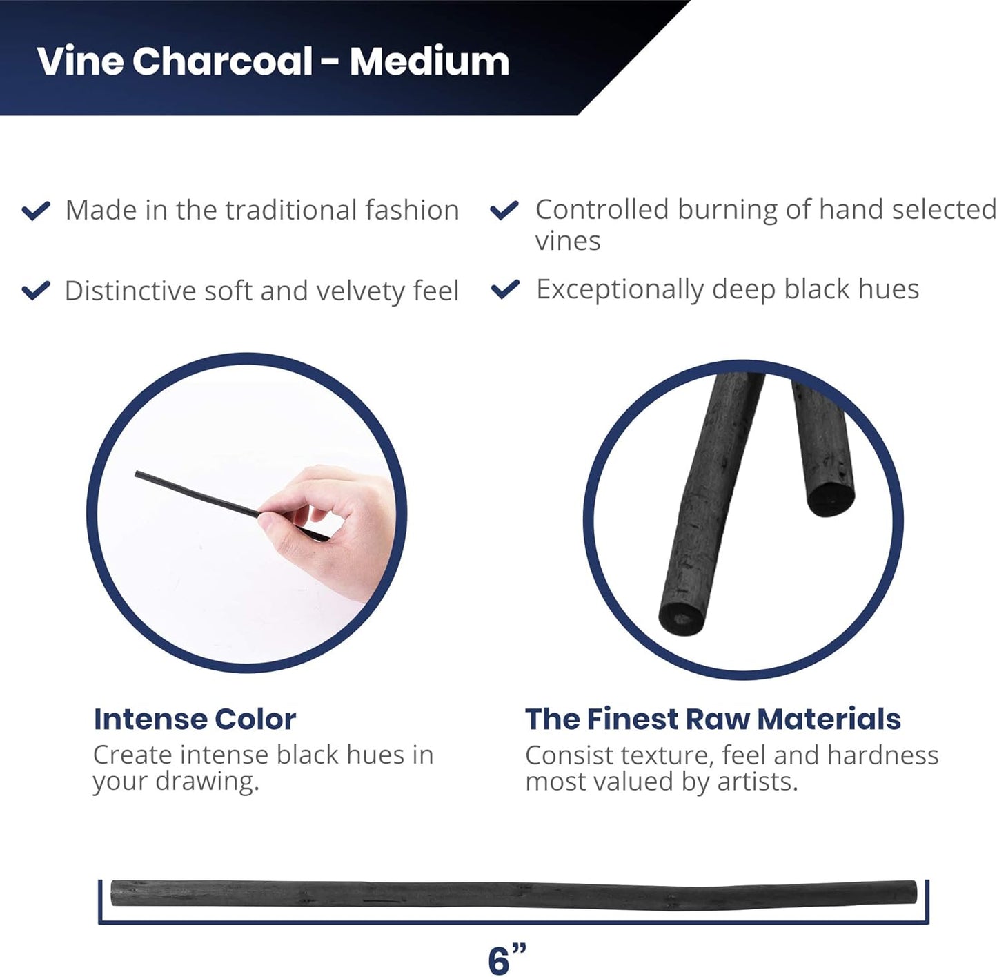 Pacific Arc Artist Vine Charcoal, Medium, Black 12 Pieces, Artist Vine Charcoal Sticks, Medium and Smooth Drawing Charcoal