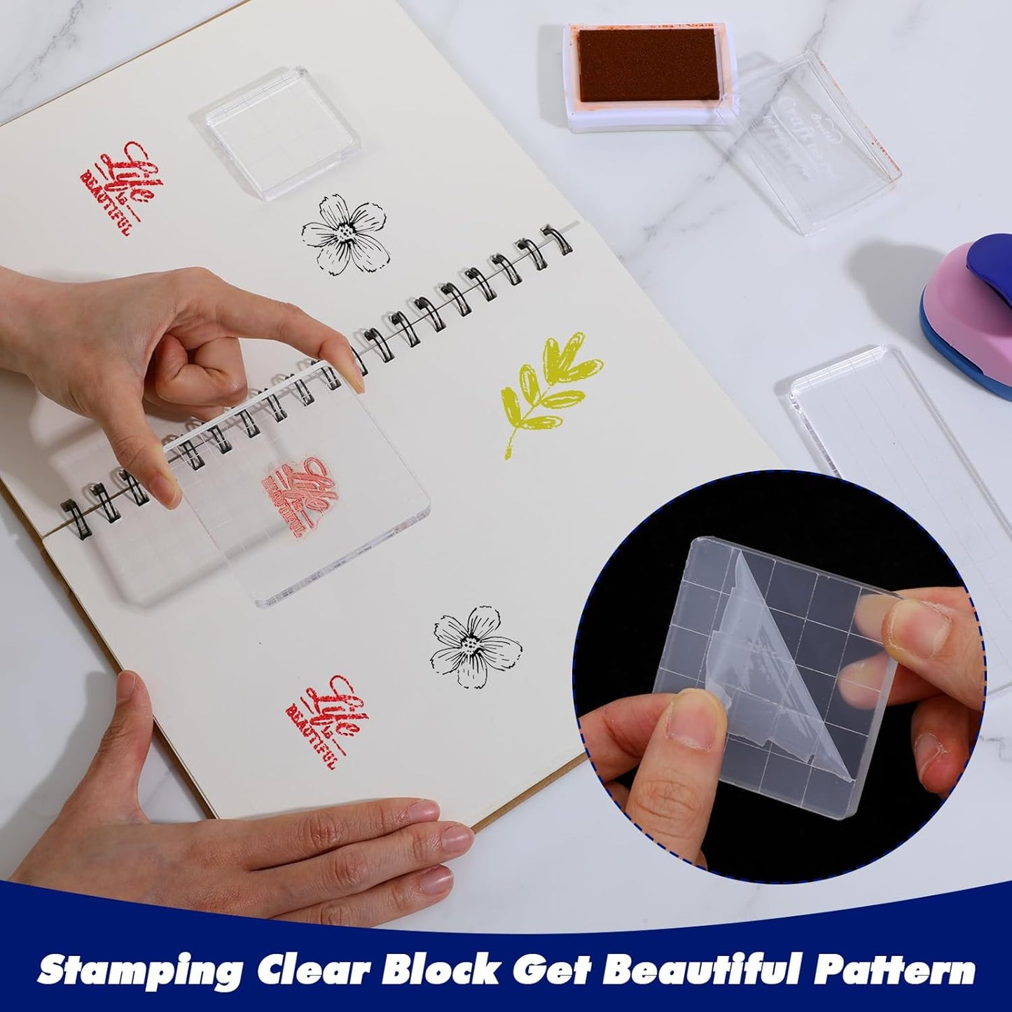 6 Pcs Acrylic Stamp Block Acrylic Blocks for Stamping Clear Tools Decorative Stamp Blocks with Grid and Grip Scrapbooking Craft Making, Decorative DIY Essential Stamping Tool