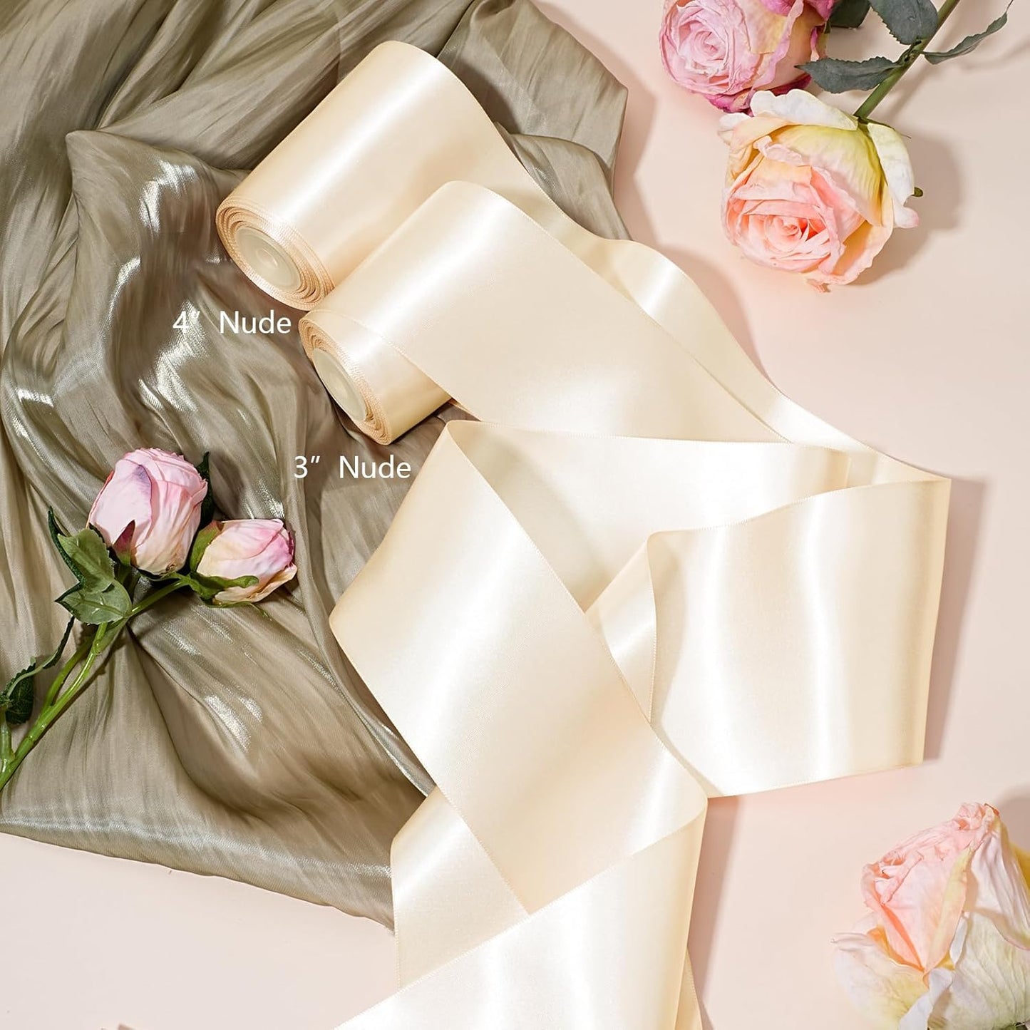 LaRibbons Nude Satin Ribbon 4 Inch 10 Yards Double Faced Luxury Nude Silk Ribbon for Gift Wrapping Flower Bouquets Bow Christmas Wedding Party Decoration