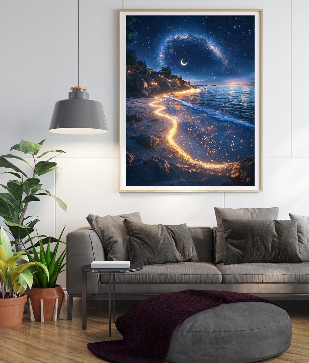 14ct Counted Stamped Cross Stitch Kits for Adults Printed Cross Stitch Patterns Night Moon Beach Art Crafts Cross Stitch Supplies (Night Moon Beach)