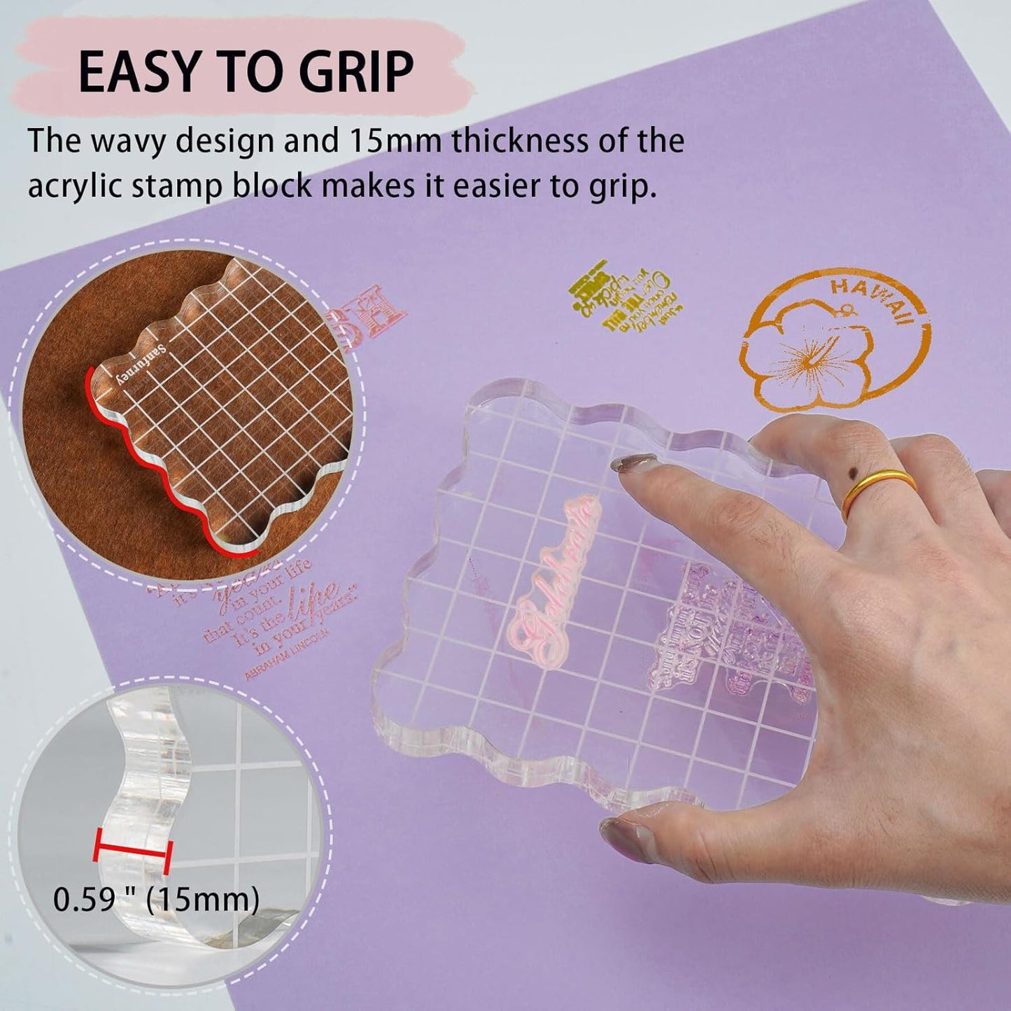 Sanfurney 1 Piece Acrylic Stamp Block, 15mm Thick, Clear Stamping Tool with Grid Lines Decorative Stamp Block for Scrapbooking Crafts Card Making