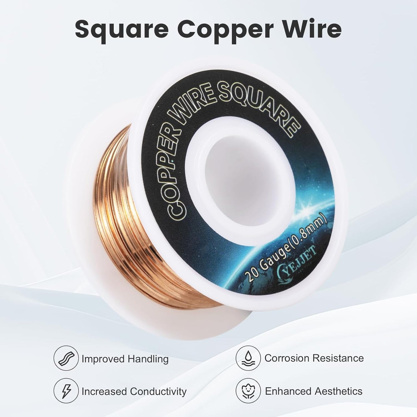 20 AWG Square Copper Wire - 0.8x0.8mm Thin Craft Wire, 50ft - Bulk Spool for Jewelry Business, Beading, and Crafts