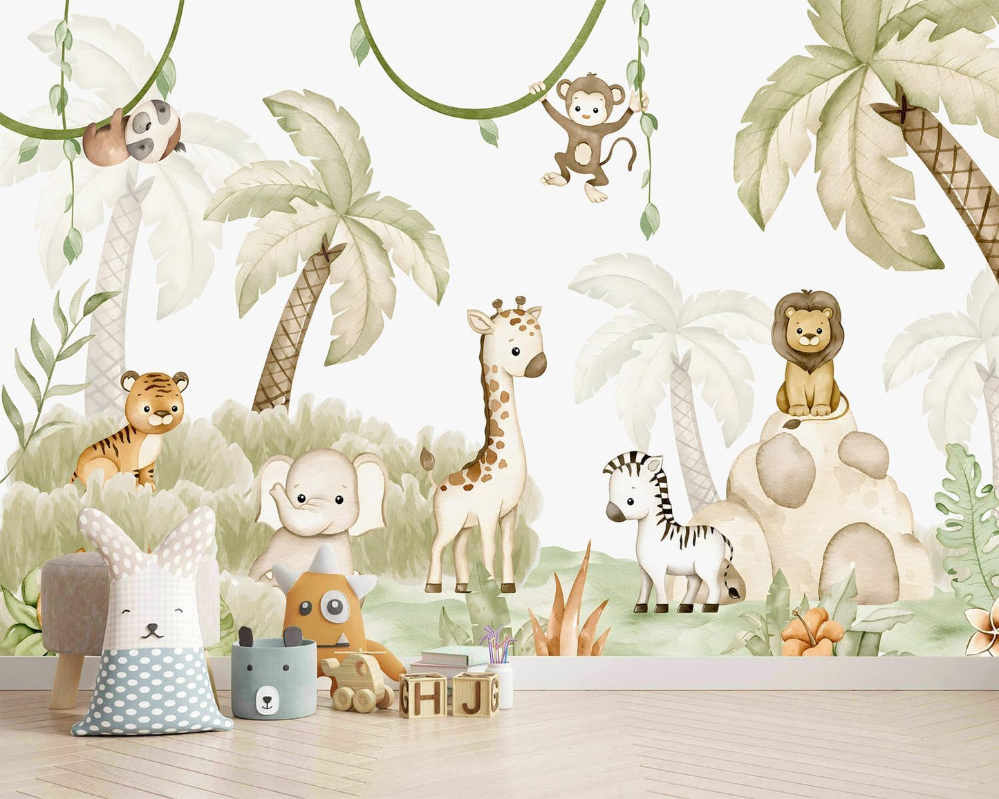 AFZEVEB-Safari Wallpaper Watercolor Animal Nursery Wall murals for Kids Room 159"x107"(Not Peel and Stick)
