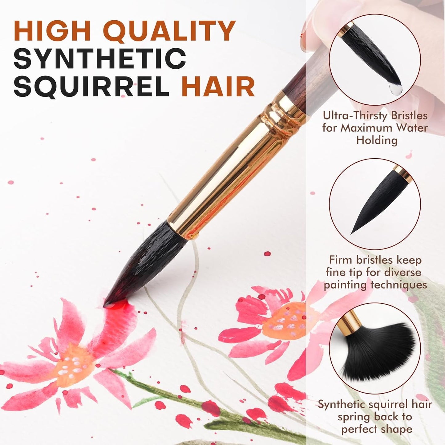 Watercolor Brushes Professional, Fuumuui 10Pcs Synthetic Squirrel Hair Water Color Paint Brush Set for Artists - Flat, Round Pointed, Dagger, Cats Tongue Oval Wash for Watercolor Gouache Inks Painting