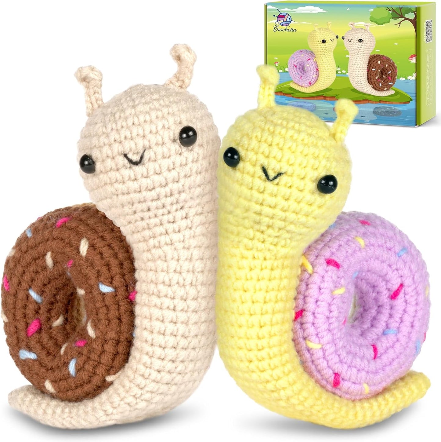 Crochetta Crochet Kit for Beginner, Crochet Starter Kit w Step-by-Step Video Tutorials, Learn to Crochet Kits for Adults & Kids, DIY Knitting Supplies, 2-Pack Snail Couple (40%+ Yarn Content)